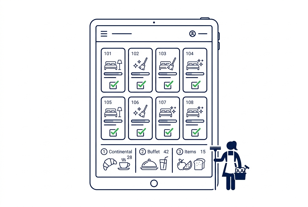 Housekeeping-Planung auf Tablet mit Zimmerstatus und Reinigungspriorität automatisieren